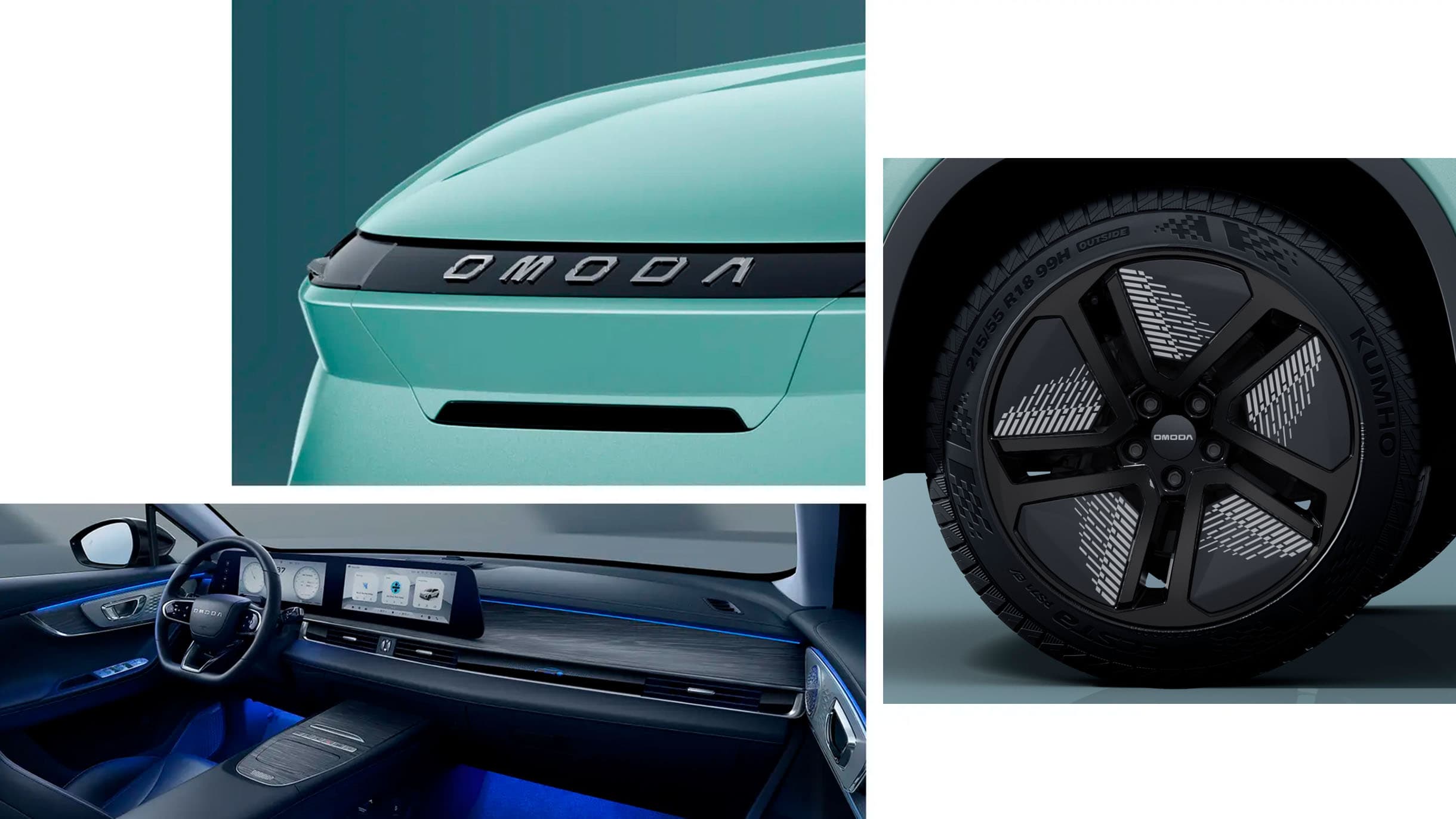 Et billede der viser tre ting: Front logoet, fælgen og interiøret i en OMODA 5 EV