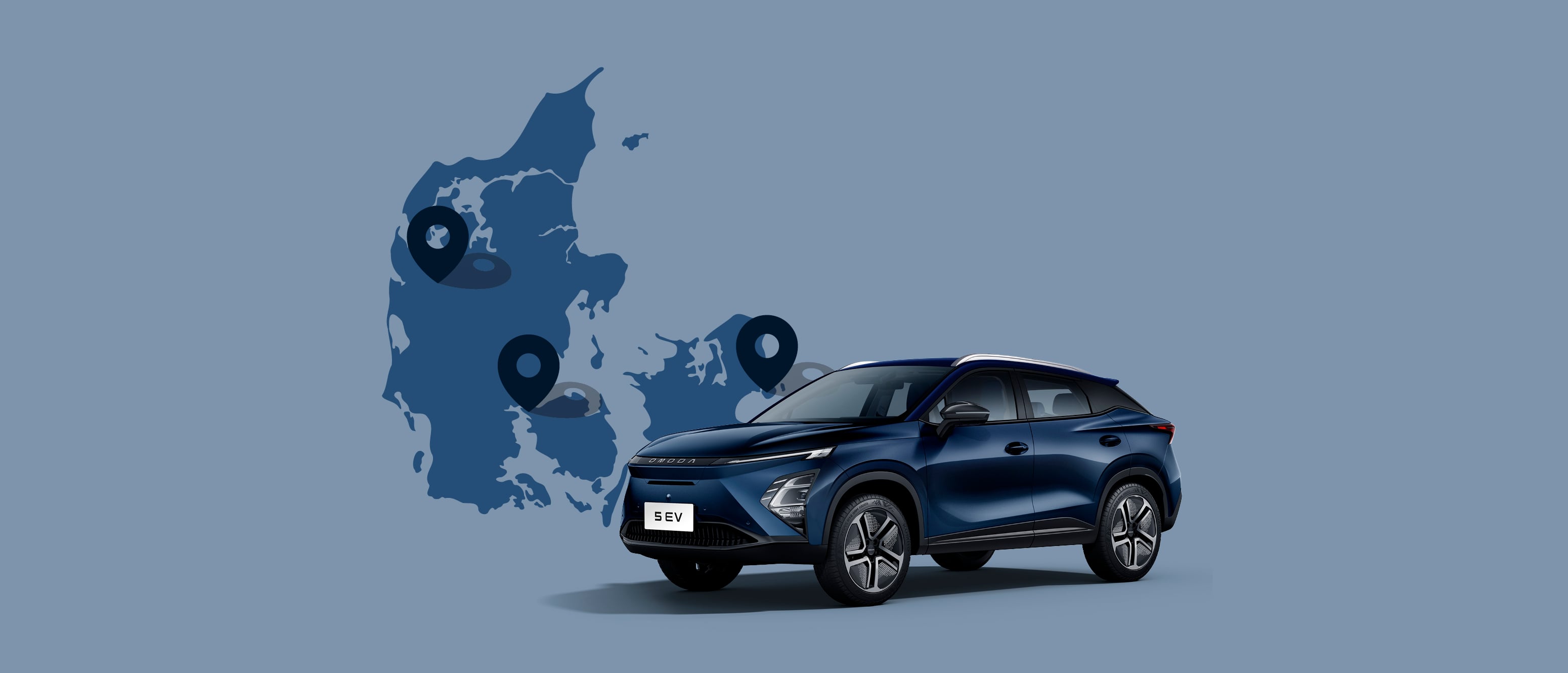 Danmarkskort der viser tre nye OMODA-forhandlere