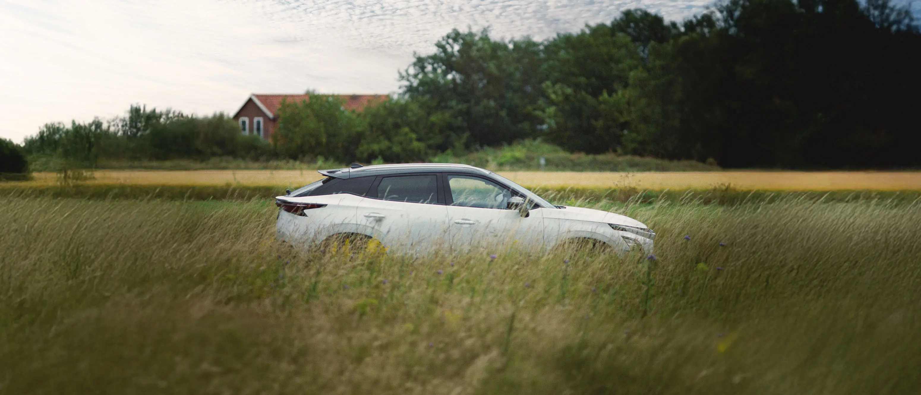 OMODA 5 EV Premium kører på en landevej igennem marker